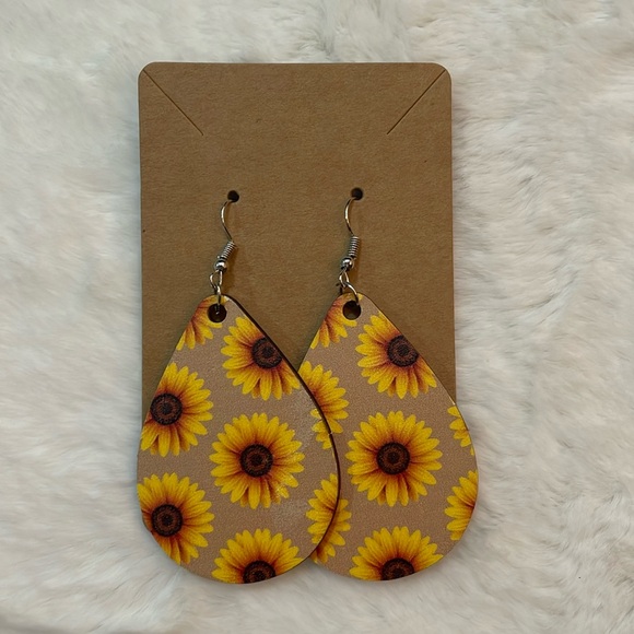 Tan Sunflower Wooden Earrings - Picture 1 of 1